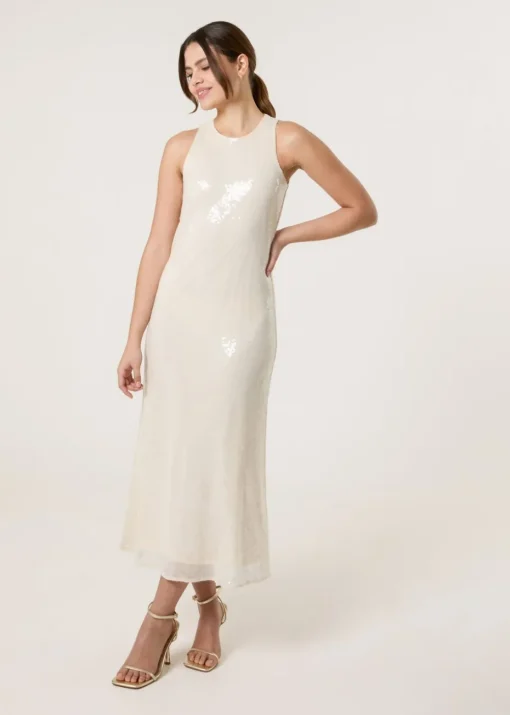 Blue Vanilla Ivory Luxe Sequin Bias Cut Midi Dress