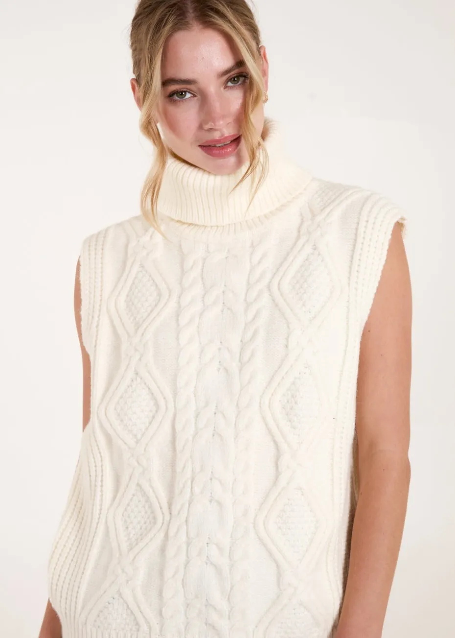 Blue Vanilla Ivory Roll Neck Cable Knit Vest