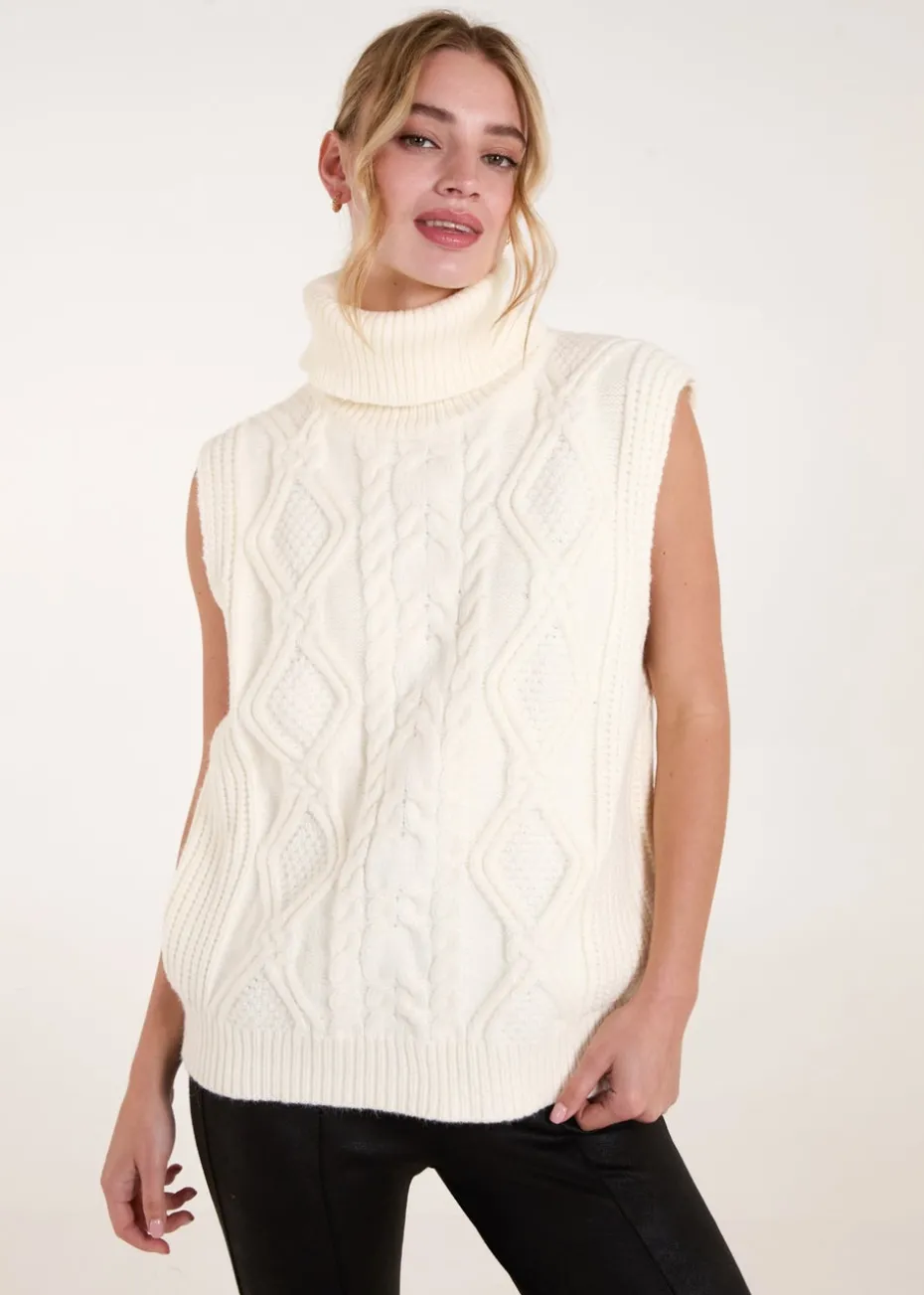 Blue Vanilla Ivory Roll Neck Cable Knit Vest
