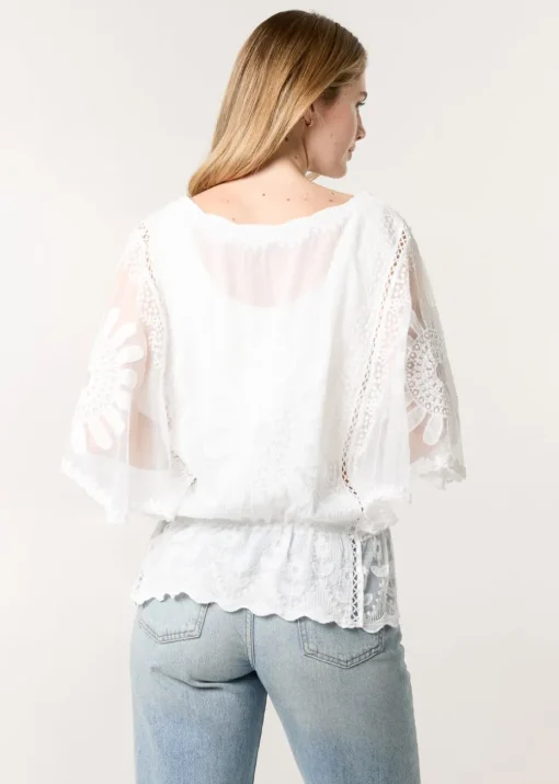 Blue Vanilla Ivory Sun Flower Lace Sleeve Blouse