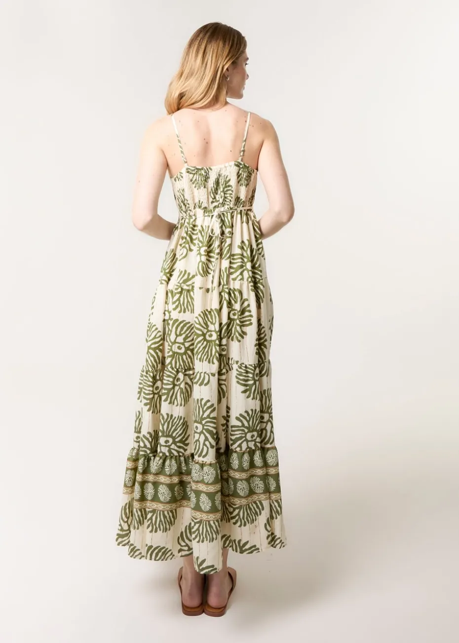 Blue Vanilla Khaki Abstract Strappy Button Front Maxi Dress