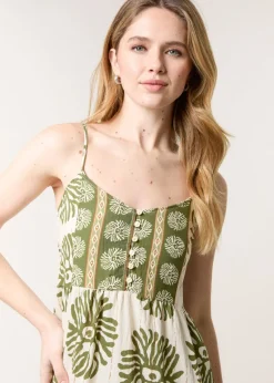 Blue Vanilla Khaki Abstract Strappy Button Front Maxi Dress