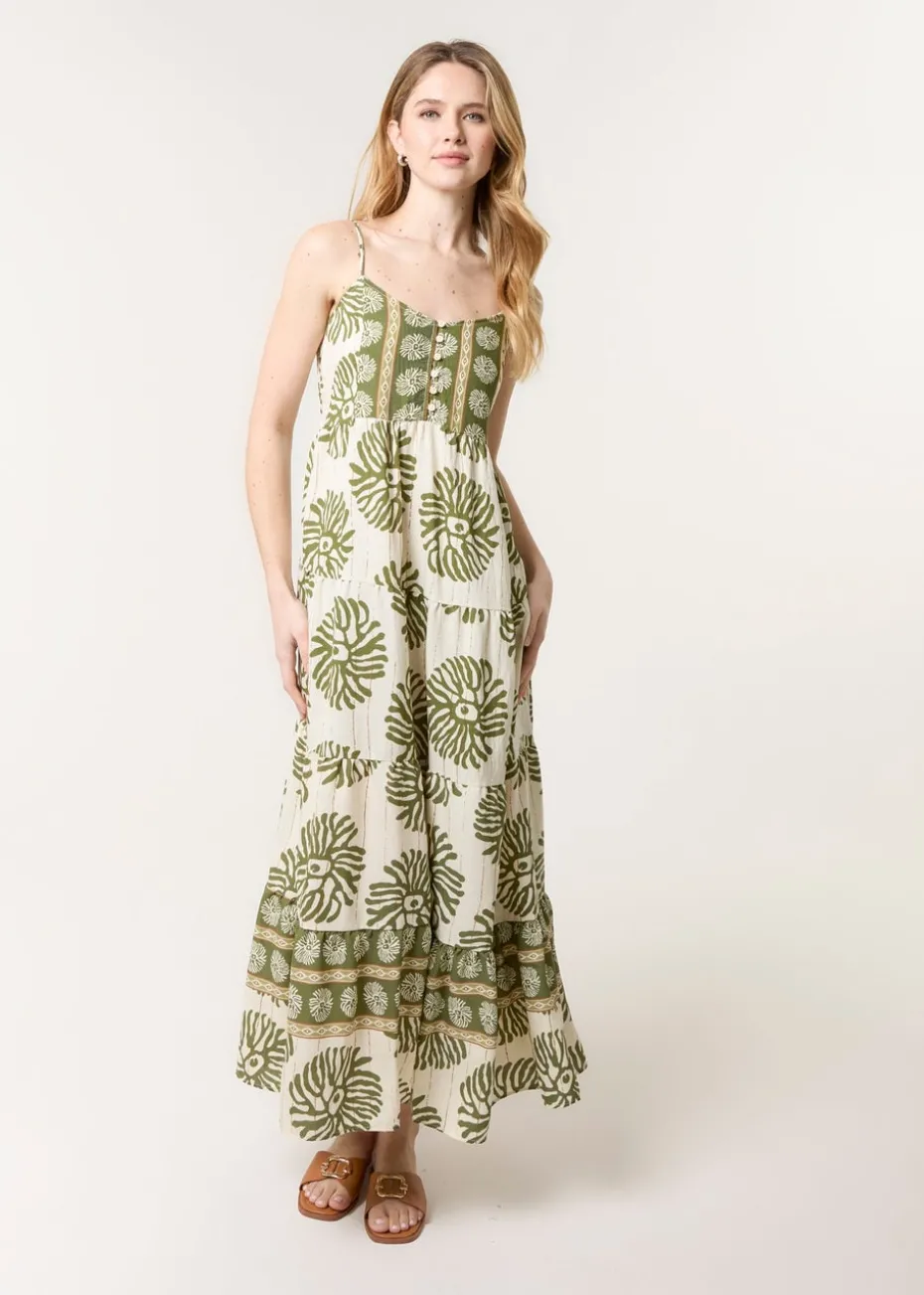 Blue Vanilla Khaki Abstract Strappy Button Front Maxi Dress