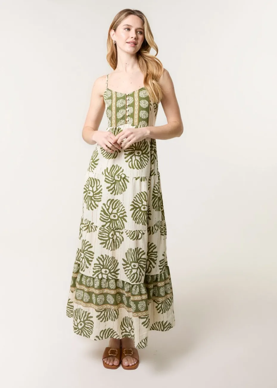 Blue Vanilla Khaki Abstract Strappy Button Front Maxi Dress