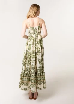 Blue Vanilla Khaki Abstract Strappy Button Front Maxi Dress