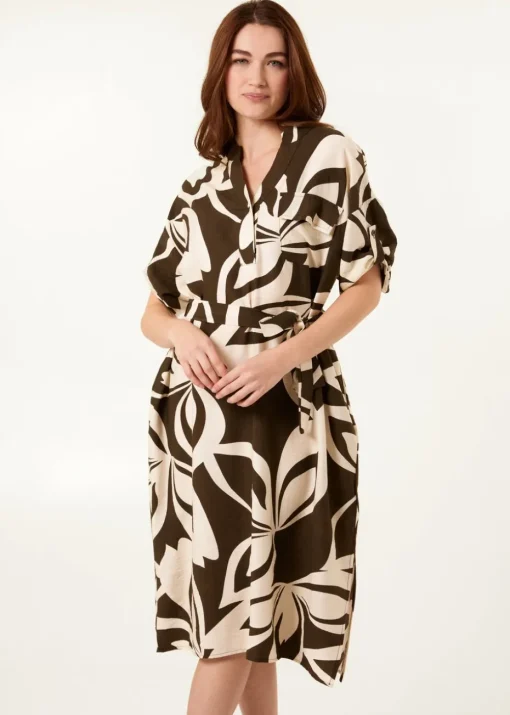 Blue Vanilla Khaki Abstract Print Collarless Shirt Dress