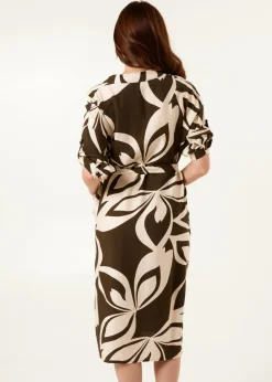 Blue Vanilla Khaki Abstract Print Collarless Shirt Dress