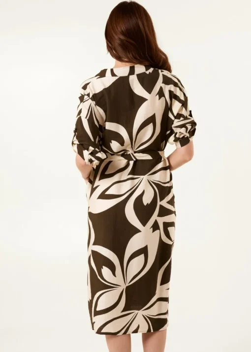 Blue Vanilla Khaki Abstract Print Collarless Shirt Dress