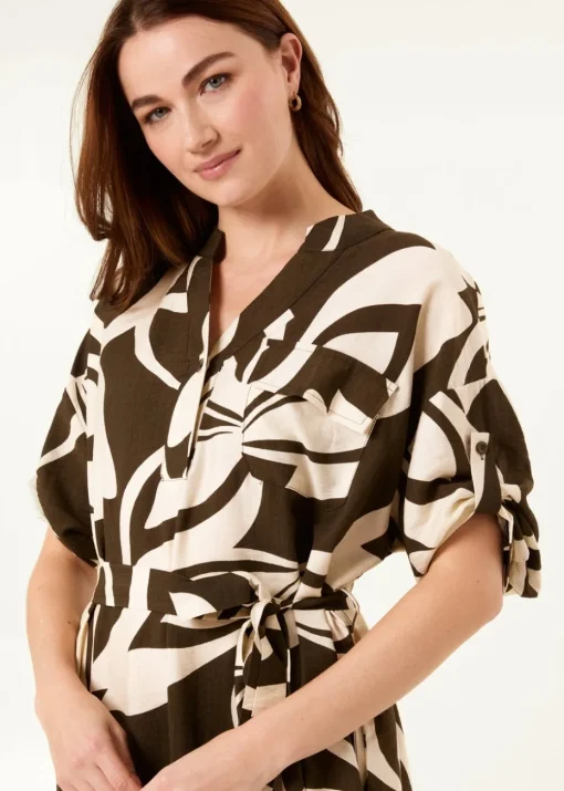 Blue Vanilla Khaki Abstract Print Collarless Shirt Dress