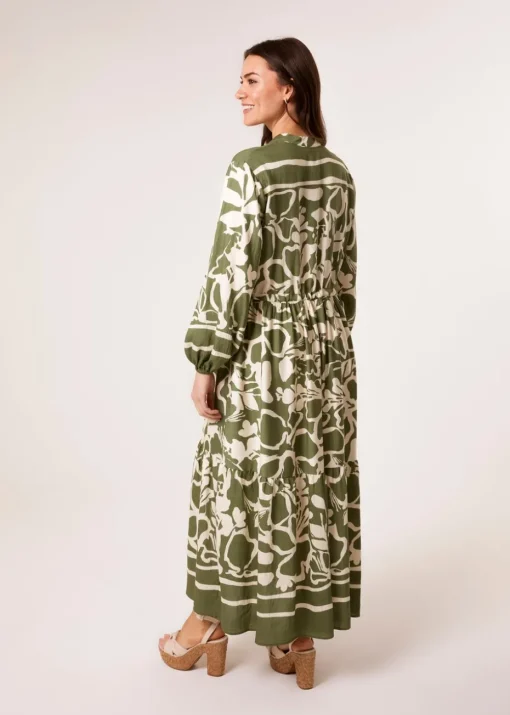 Blue Vanilla Khaki Abstract Floral Print Maxi Dress