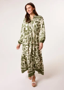 Blue Vanilla Khaki Abstract Floral Print Maxi Dress