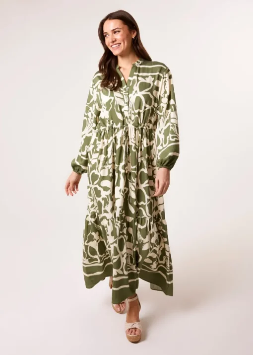 Blue Vanilla Khaki Abstract Floral Print Maxi Dress