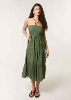Blue Vanilla Khaki Bandeau Tiered Midi Dress