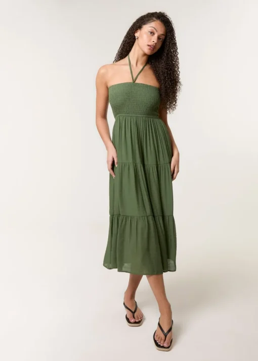 Blue Vanilla Khaki Bandeau Tiered Midi Dress