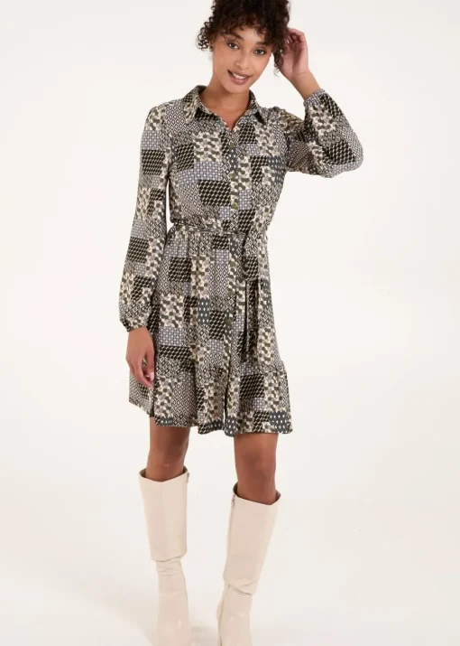 Blue Vanilla Khaki Belted Mini Shirt Dress
