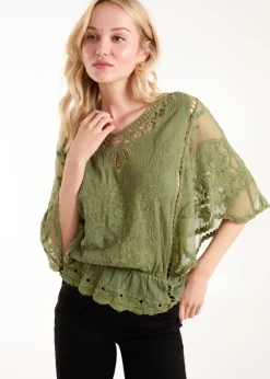 Blue Vanilla Khaki Butterfly Print Blouse