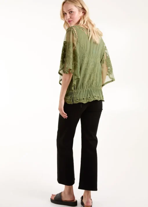 Blue Vanilla Khaki Butterfly Print Blouse