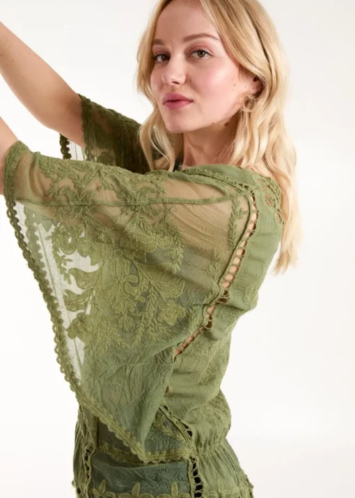 Blue Vanilla Khaki Butterfly Print Blouse