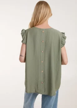 Blue Vanilla Khaki Button Back Frill Shoulder Top