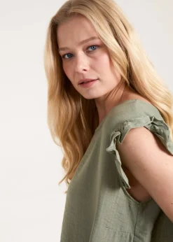 Blue Vanilla Khaki Button Back Frill Shoulder Top