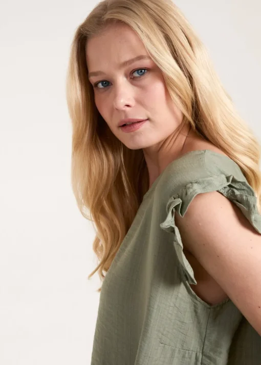 Blue Vanilla Khaki Button Back Frill Shoulder Top