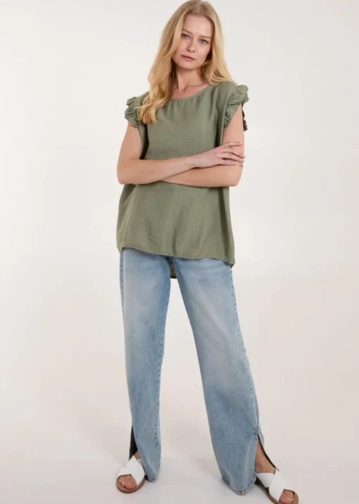 Blue Vanilla Khaki Button Back Frill Shoulder Top