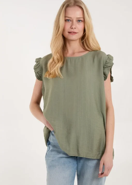 Blue Vanilla Khaki Button Back Frill Shoulder Top