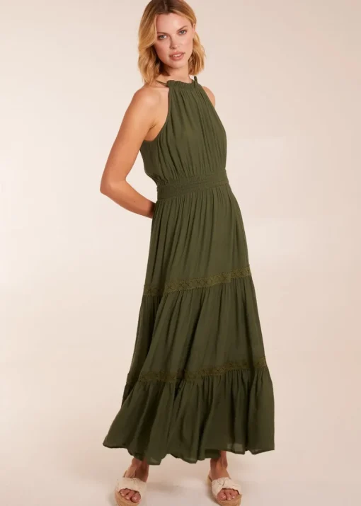 Blue Vanilla Khaki Crochet Halter Maxi Tiered Dress