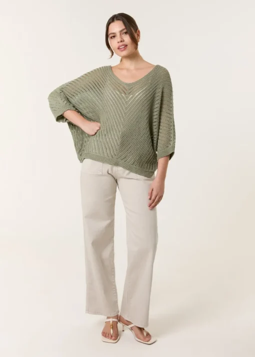 Blue Vanilla Khaki Crochet V Neck Jumper