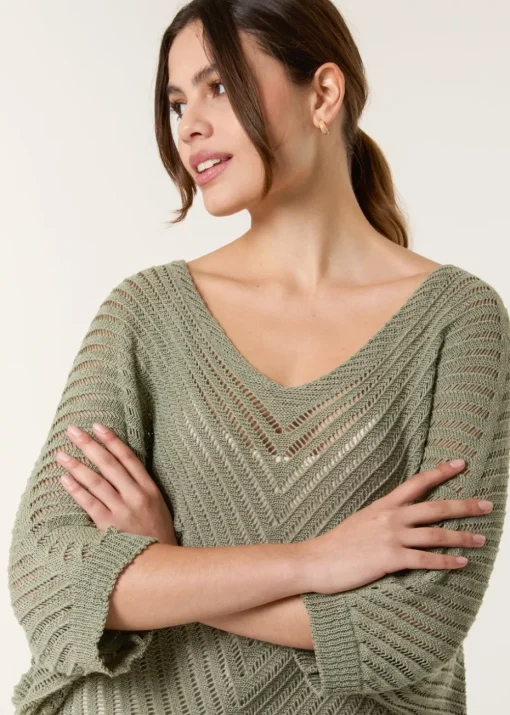 Blue Vanilla Khaki Crochet V Neck Jumper