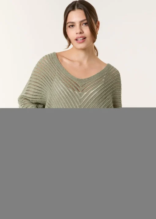 Blue Vanilla Khaki Crochet V Neck Jumper