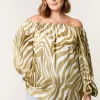 Blue Vanilla Khaki Curve Zebra Satin Ruched Bardot Top