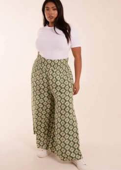 Blue Vanilla Khaki Curve Shirred Wide Leg Aztec Trouser