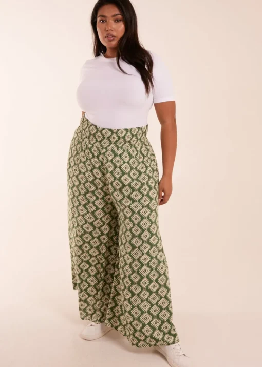 Blue Vanilla Khaki Curve Shirred Wide Leg Aztec Trouser