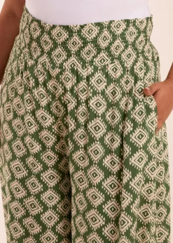 Blue Vanilla Khaki Curve Shirred Wide Leg Aztec Trouser