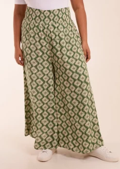 Blue Vanilla Khaki Curve Shirred Wide Leg Aztec Trouser