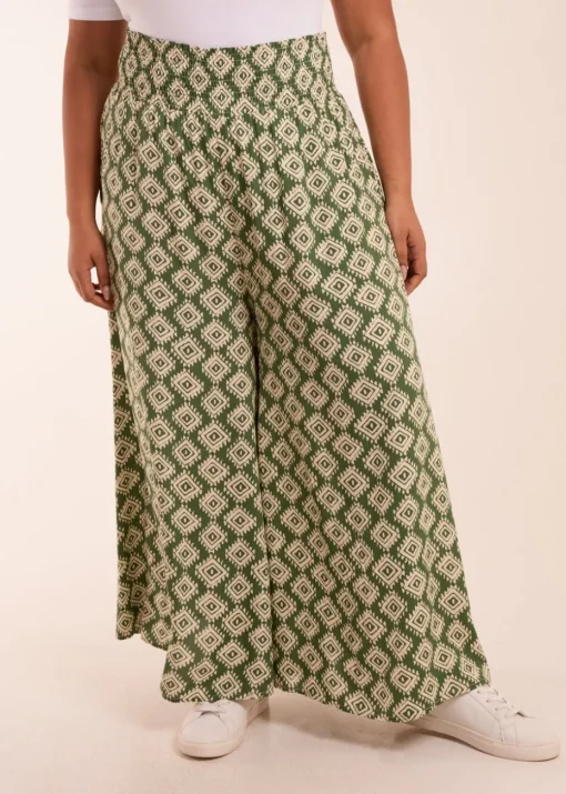 Blue Vanilla Khaki Curve Shirred Wide Leg Aztec Trouser