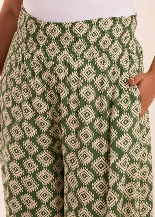 Blue Vanilla Khaki Curve Shirred Wide Leg Aztec Trouser
