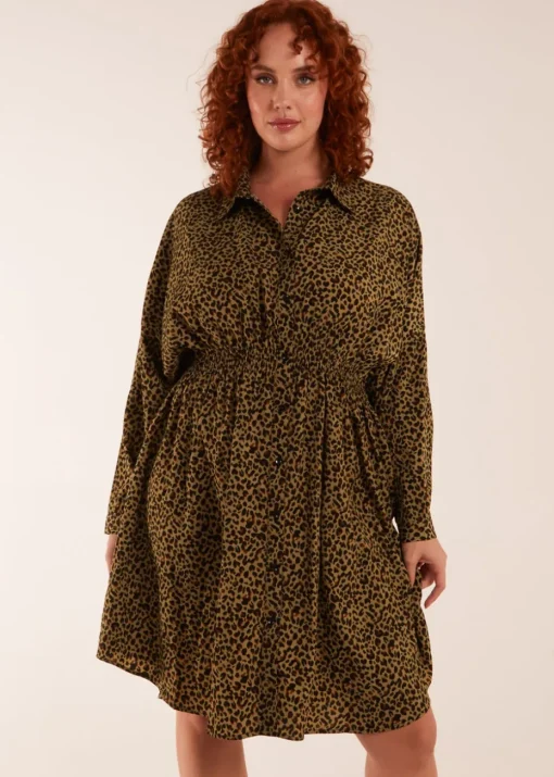 Blue Vanilla Khaki Curve Leopard Shirt Dress