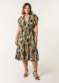 Blue Vanilla Khaki Curve Elasticated Neck Shirred Waist Midi Dress