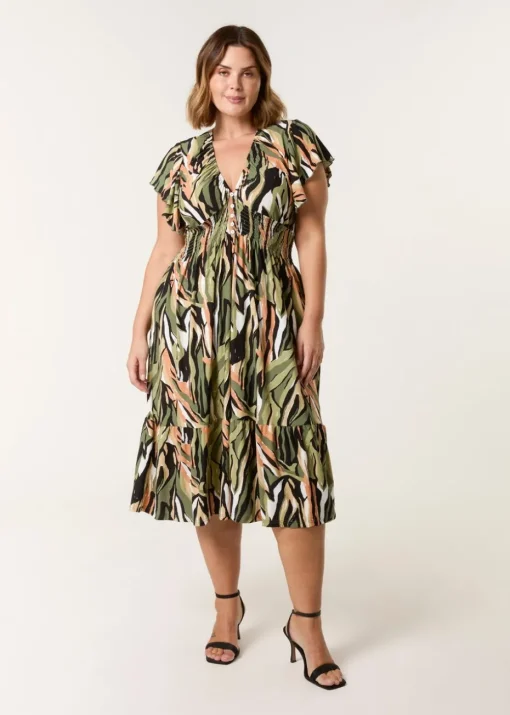 Blue Vanilla Khaki Curve Elasticated Neck Shirred Waist Midi Dress