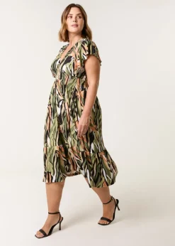 Blue Vanilla Khaki Curve Elasticated Neck Shirred Waist Midi Dress