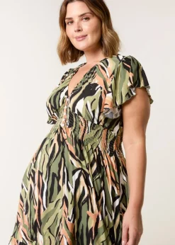Blue Vanilla Khaki Curve Elasticated Neck Shirred Waist Midi Dress
