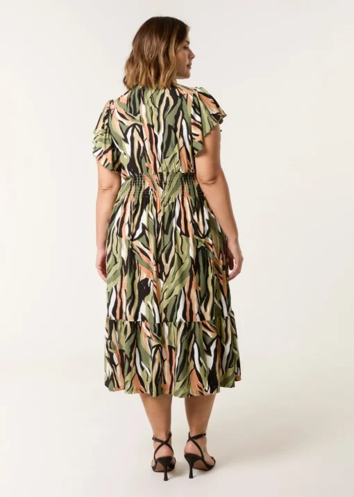 Blue Vanilla Khaki Curve Elasticated Neck Shirred Waist Midi Dress