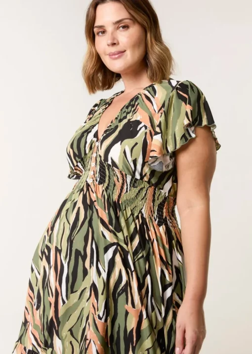 Blue Vanilla Khaki Curve Elasticated Neck Shirred Waist Midi Dress