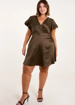 Blue Vanilla Khaki Curve Leopard Jacquard Frill Sleeve Mini Dress