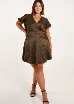 Blue Vanilla Khaki Curve Leopard Jacquard Frill Sleeve Mini Dress