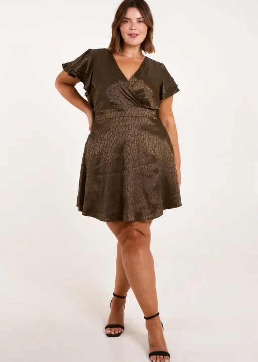Blue Vanilla Khaki Curve Leopard Jacquard Frill Sleeve Mini Dress