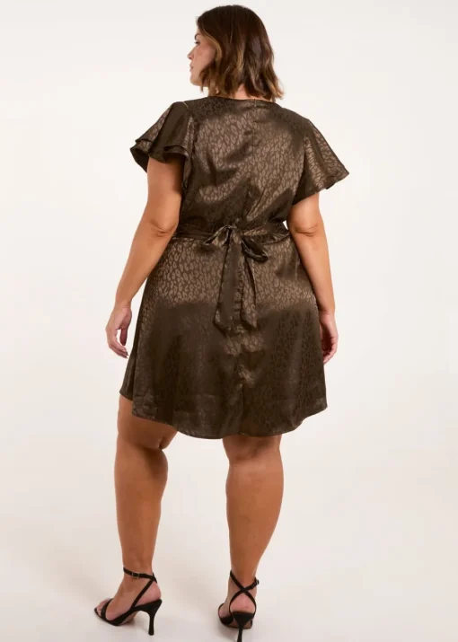 Blue Vanilla Khaki Curve Leopard Jacquard Frill Sleeve Mini Dress