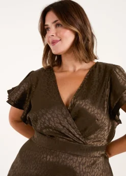 Blue Vanilla Khaki Curve Leopard Jacquard Frill Sleeve Mini Dress
